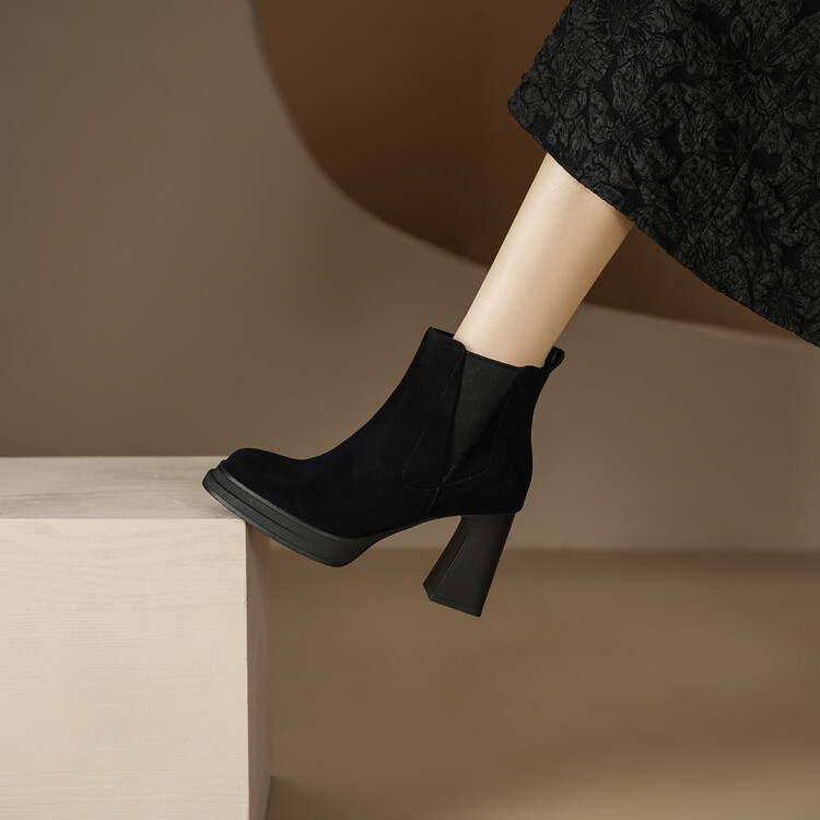 牛皮高跟短靴粗跟圆头马丁靴防水台高跟鞋不累脚黑色皮鞋秋冬靴子