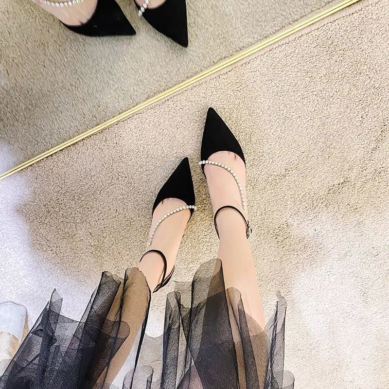 水钻一字带高跟鞋中空女鞋子2025新款女尖头细跟包头绒面气质单鞋