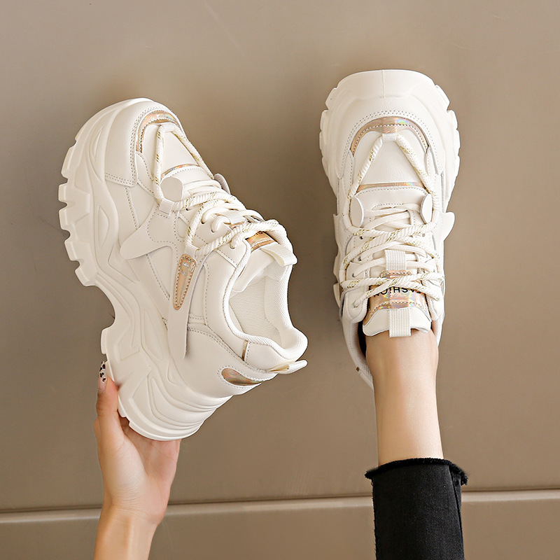 显脚小码34内增高厚底老爹鞋女2025春季新款休闲百搭皮面小白鞋