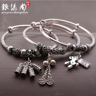 9999足银手镯复古纯银流苏款女钱币鞭炮马吊坠推拉镯子送女友礼物
