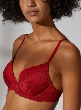 A20瑞典H*M性感红色蕾丝女内衣 上薄下厚聚拢文胸70B75C
