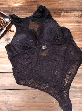 B4 黑色透明网纱抹胸诱惑塑身性感T裤开档美背女连体美体衣90CD