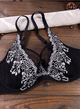 D11 法国单黑色网纱刺绣女内衣 性感薄款胸罩上托聚拢文胸70B75A