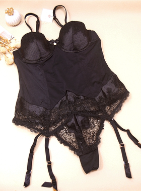 D10法国黑色蕾丝塑身无肩带半罩杯女连体衣T裤吊袜带可拆70AB80CD