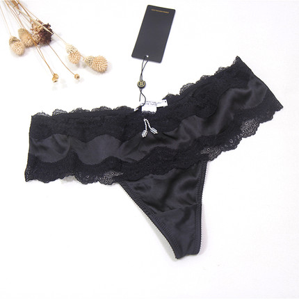 M7 法国单黑色蕾丝边女士丁字裤低腰性感爽滑透气女t裤仿丝绸T裤