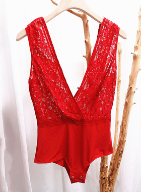E3 法国单红色超薄透明蕾丝深V诱惑塑身性感美背女连体开档美体衣