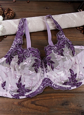 C5 大胸显小超夏季薄大码女蕾丝刺绣透明全罩杯文胸75CDE80F85EF