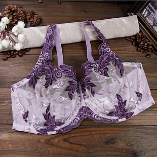 女蕾丝刺绣透明全罩杯文胸75CDE80F85EF 薄大码 A41 大胸显小超夏季