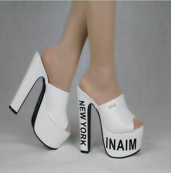 2019夏欧美1cm高凉拖超女防水台厚底粗跟字母高跟wgy5鱼嘴鞋拖半