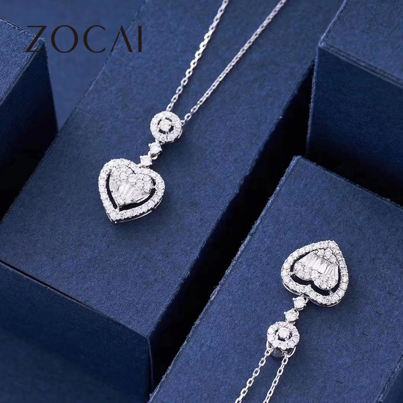 佐卡伊  18k金心形钻石项链镶嵌满钻爱心锁骨链吊坠