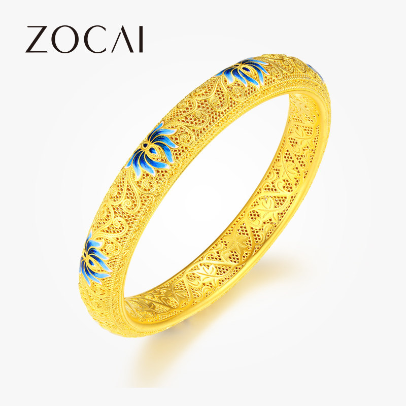 佐卡伊 黄金手镯东方睡莲足金手饰非遗古法珐琅结婚手镯新品
