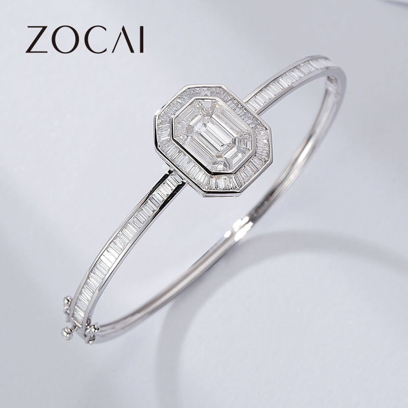 佐卡伊 18k金钻石拼祖母绿手镯女士结婚订婚手镯珠宝时尚镶钻手饰