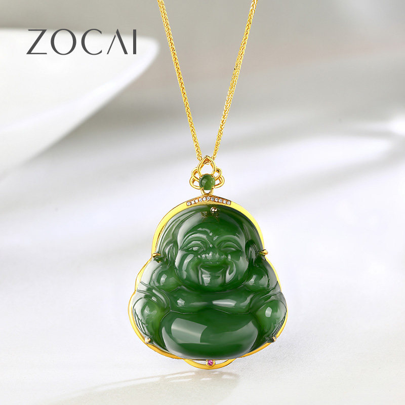 佐卡伊 18k金镶玉碧玉佛公吊坠男女款高档珠宝和田玉碧玉项链