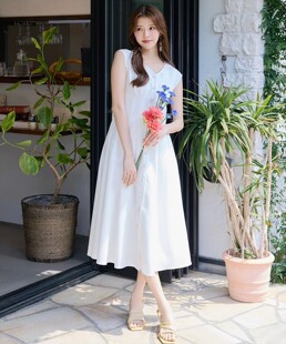 纯元 出口日单 SW***V领法式袖 背面丝带度假亚麻风格连衣裙