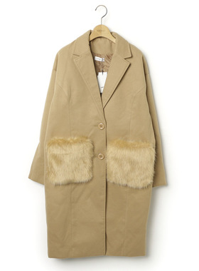 外贸尾货出口日单纯原d袖子仿皮草拼接毛呢过膝外套evris