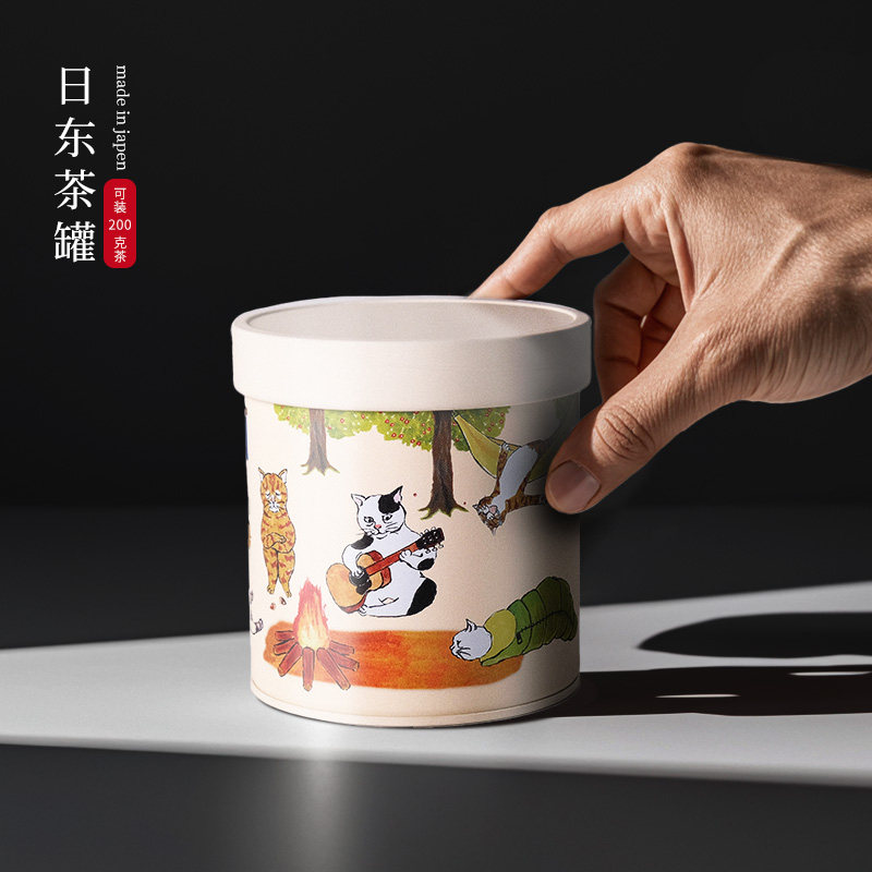 现货日本进口茶叶罐猫咪打盹的猫储物罐咖啡豆罐礼盒镀锡马口铁罐