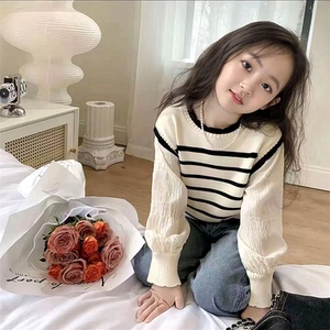 公主假爆流上件风衣春装衣条纹款儿童衫百女童新款二朝搭洋气针织