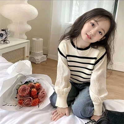 公主假爆流上件风衣春装衣条纹款儿.童衫百童新款二朝搭洋气针织