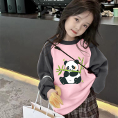 儿童宝宝韩版 新款 百搭休闲圆领上衣 插肩拼色卫衣春秋季 纯棉女童装