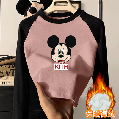 德绒女童拼色圆领长袖T恤2025春秋季中小儿童宝宝卡通洋气打底衫