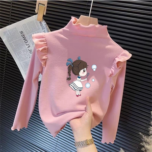 儿童宝宝休闲百搭卡通上衣 新款 德绒女童纯色半高领长袖 T恤秋冬季