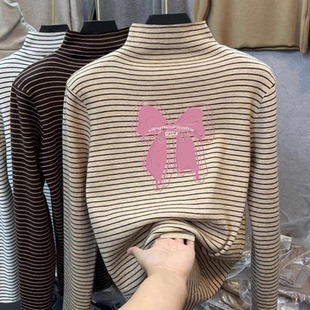 百搭保暖上衣 中大儿童宝宝时尚 女童条纹德绒半高领2025秋冬季 新款