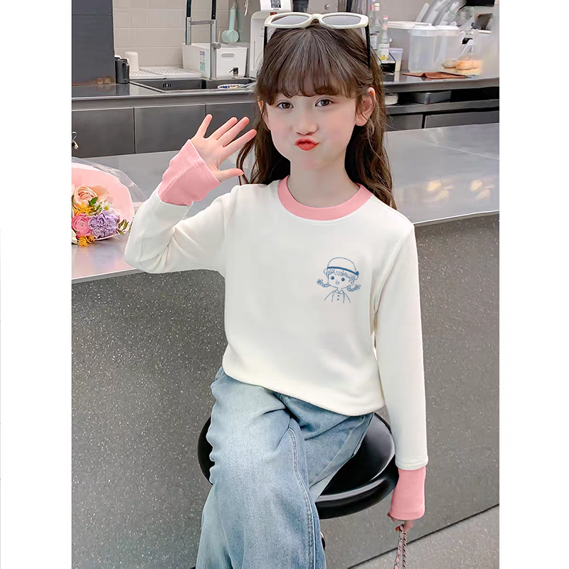 女童德绒拼色圆领长袖T恤2025秋冬新款中大儿童宝宝卡通动漫上衣