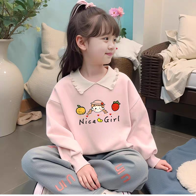 100%纯棉女童加绒加厚POLO领卫衣秋冬季新款儿童宝宝洋气印花上衣