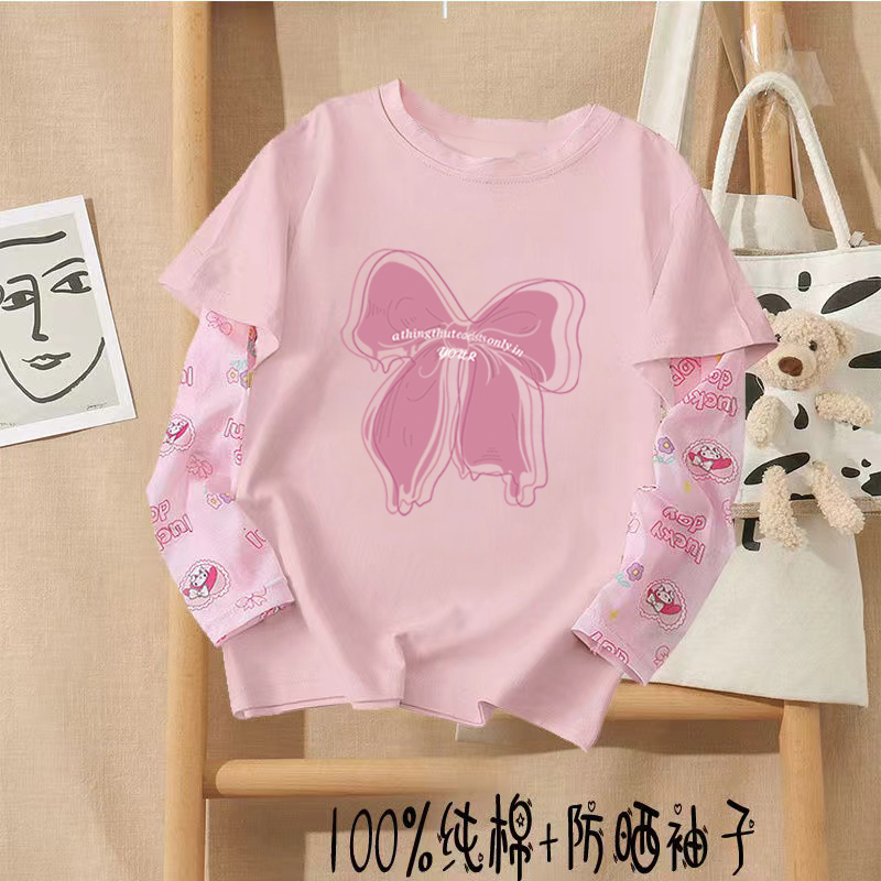 女童装纯棉短袖t恤2025夏季新款中大儿童宝宝假两件网纱防晒上衣