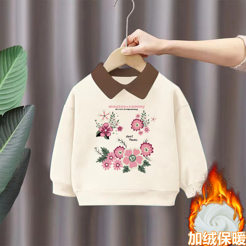 100%纯棉女童加绒长袖POLO领卫衣秋冬季新款儿童宝宝保暖上衣外套