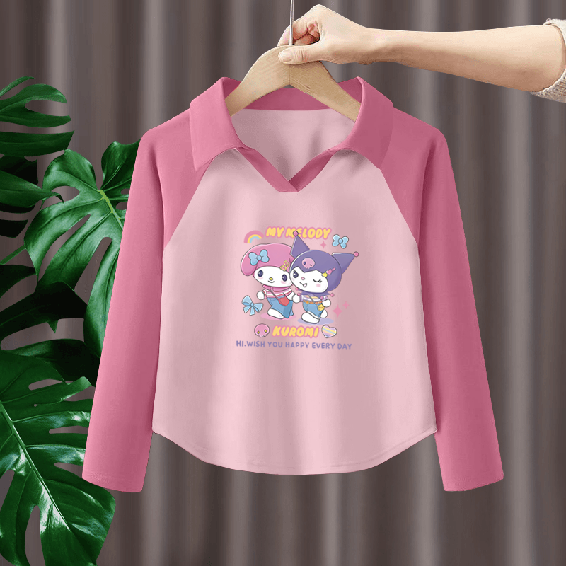 100%纯棉女童POLO翻领长袖t恤春秋新款儿童宝宝韩版百搭卡通上衣