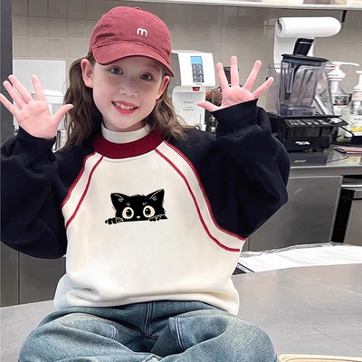 100%纯棉女童加绒加厚拼色长袖卫衣秋冬新款儿童宝宝简约百搭上衣