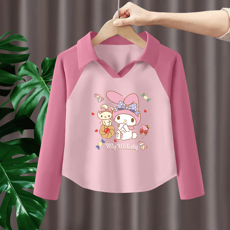 100%纯棉女童拼色POLO翻领长袖T恤春秋新款中大儿童宝宝动漫上衣