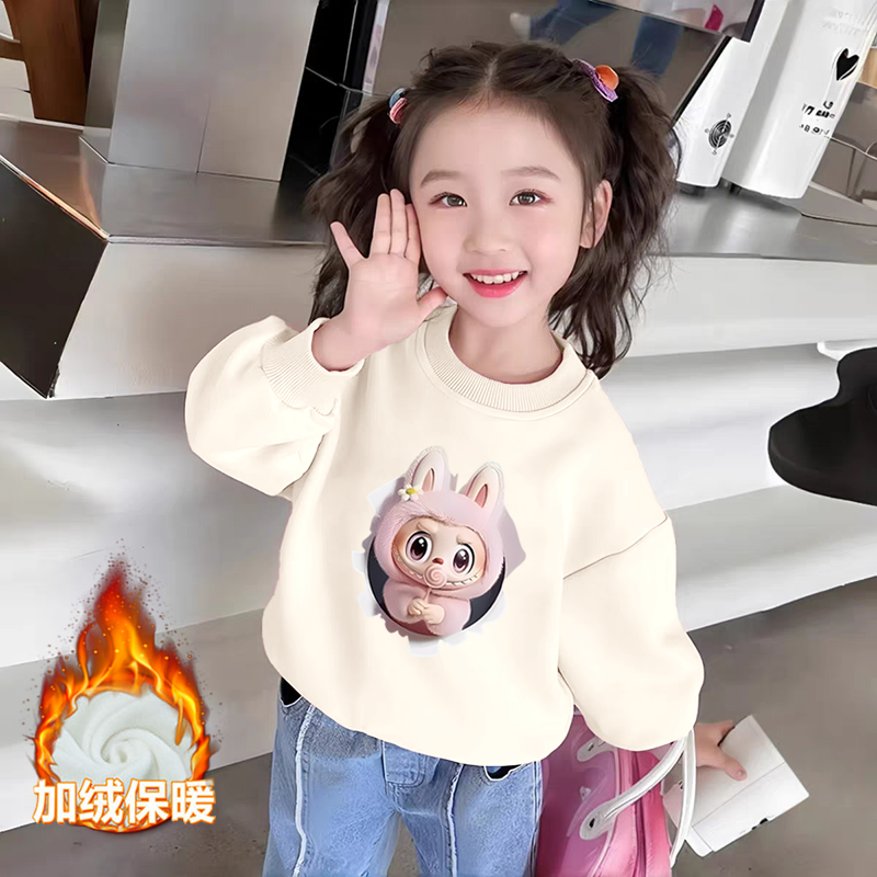100%纯棉女童加绒加厚圆领卫衣秋冬新款中小儿童宝宝卡通动漫上衣