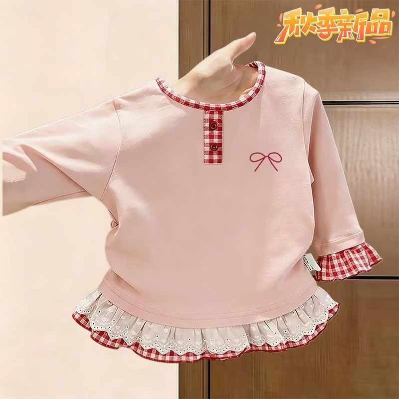 女童洋气长袖T恤春秋新款韩版小孩儿童宝宝拼接蕾丝格子打底上衣