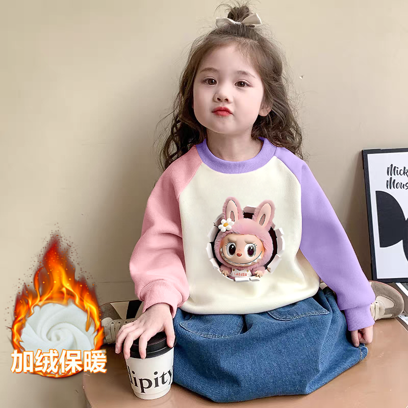 纯棉女童加绒加厚插肩卫衣2025秋冬新款中小儿童宝宝卡通动漫上衣