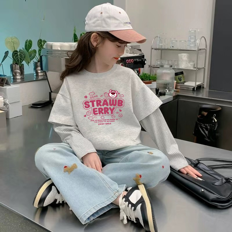 100%纯棉女童拼色圆领长袖t恤春秋季新款儿童宝宝洋气百搭打底衫