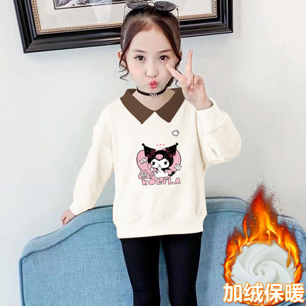 纯棉女童加绒加厚POLO领卫衣秋冬季新款韩版儿童宝宝洋气保暖上衣