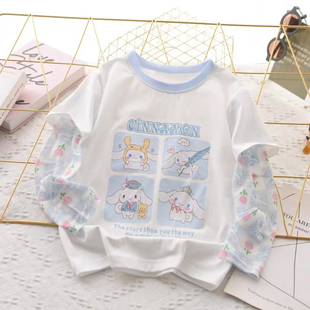 新款 t恤夏季 儿童宝宝休闲百搭假两件网纱防晒上衣 短袖 纯棉女童装