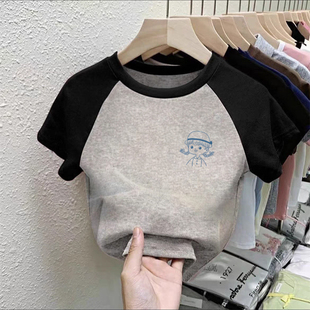 款 T恤夏季 儿童宝宝卡通动漫印花百搭上衣 拼接短袖 100%纯棉女童装