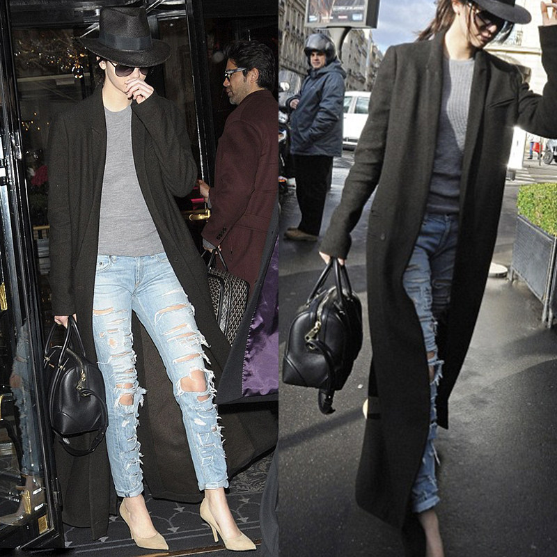 欧美明星22秋冬新肯达尔詹娜肯豆同款纯黑色超长帅气毛呢大衣外套