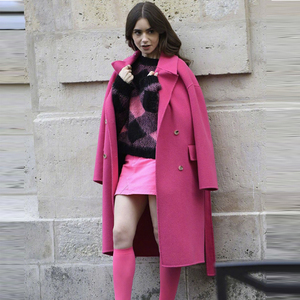 艾米丽在巴黎emily同款衣服玫红色双面羊毛呢中长款大衣23冬新款