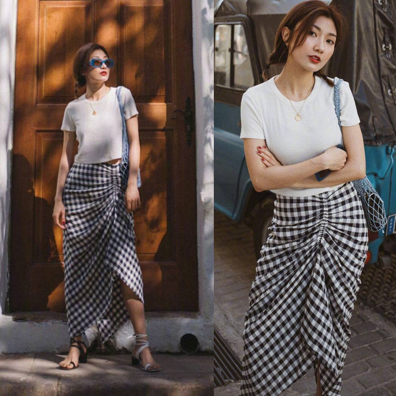 2018 Spring and summer Occident fashion Bloggers Street beat Same item lattice Drawstring fold Split ends Maxi Dress Skirtin the Women's clothing/Boutique , Skirts  category - from Buy2taobao.com to provide professional Taobao agent buy service