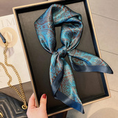 100%桑蚕丝丝巾显白复古蓝气质百搭方巾春季 花卉真丝围巾小领巾女