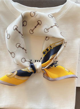 气质锁扣显白黄色真丝围巾女春夏季装饰小方巾领巾缠包包丝巾发带