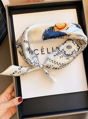 拉夫小熊~珠光感数码印花真丝丝巾叠搭小方巾女秋季新款装饰领巾