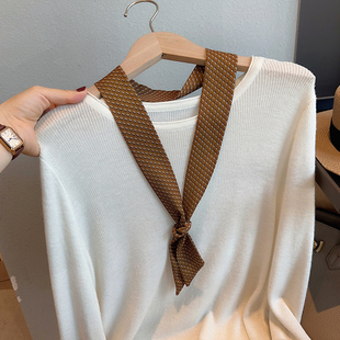 法式复古咖色窄条丝巾飘带女夏季装饰搭配衬衫小领巾长条围巾腰巾