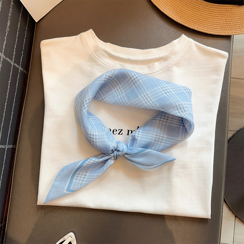 格纹蓝色韩版百搭丝巾小方巾头巾