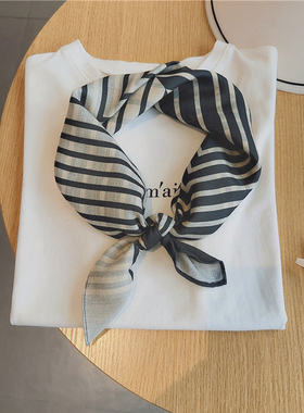 OL气质黑色条纹小方巾女春夏新款搭配职业丝巾发带绑包棉麻围巾薄
