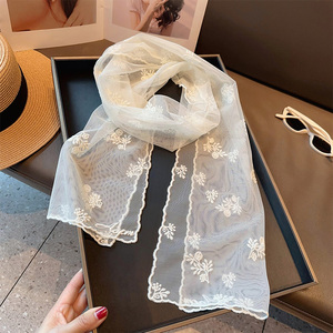 蕾丝刺绣碎花长款丝巾围巾女韩版优雅唯美透明纱巾装饰头巾披肩夏